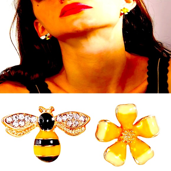 New Crystal Flower Bee  Earrings Studs - Picture 2 of 8